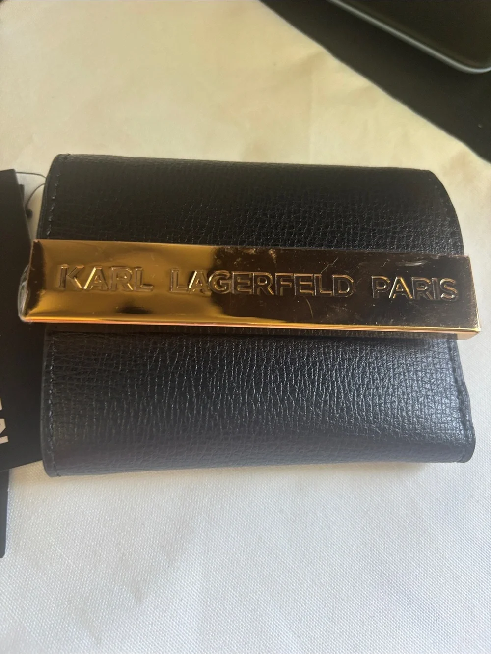 Karl Lagerfeld Black Leather Mini Wallet with Gold Logo Plaque